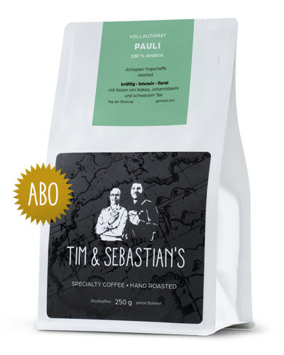 Verpackung Tim und Sebastians Vollautomatkaffee Pauli Kaffeebohnenabo