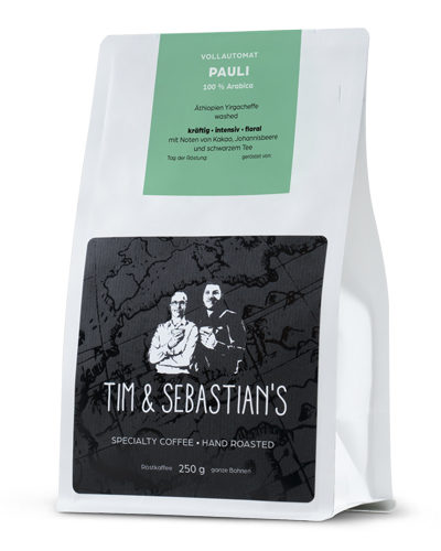 Verpackung Tim und Sebastians Vollautomatkaffee Pauli Kaffeebohnen